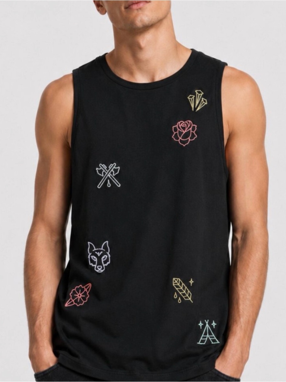 PacSun Black Tank Top with Multicolor Embroidered Icons